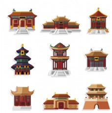 建筑卡通中国古典建筑物卡通风格矢量图