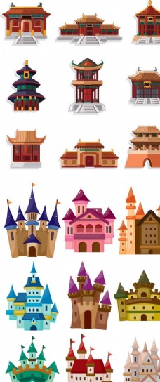 卡通建筑卡通风格中国古典建筑及欧式城堡