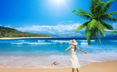 夏日海滩美女椰树