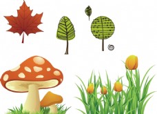 春天广告卡通蘑菇郁金香树叶